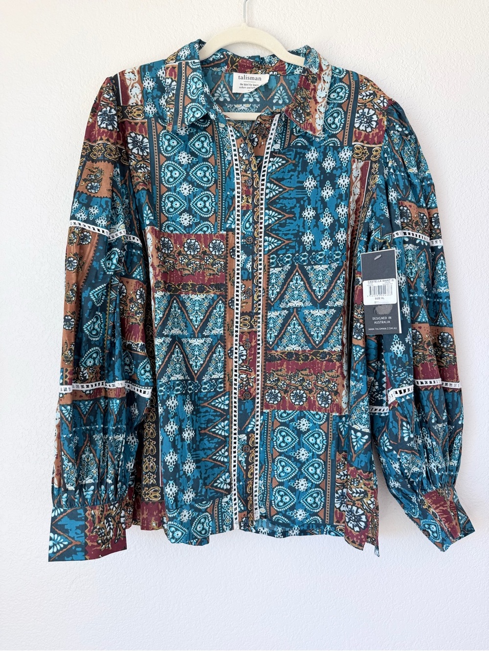Talisman Castella Sicilian Patchwork Cotton Boho Button Down Shirt XL NWT